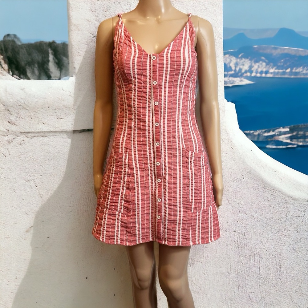 Lost + Wander Burnt Red Robin Button Down Mini Dress Linen Blend Pockets